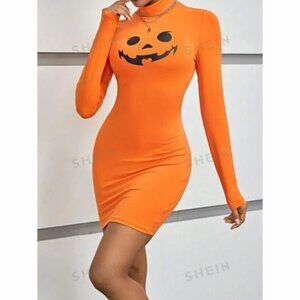 Halloween Orange Pumpkin Jack-o-lantern bodycon S mini dress nwt